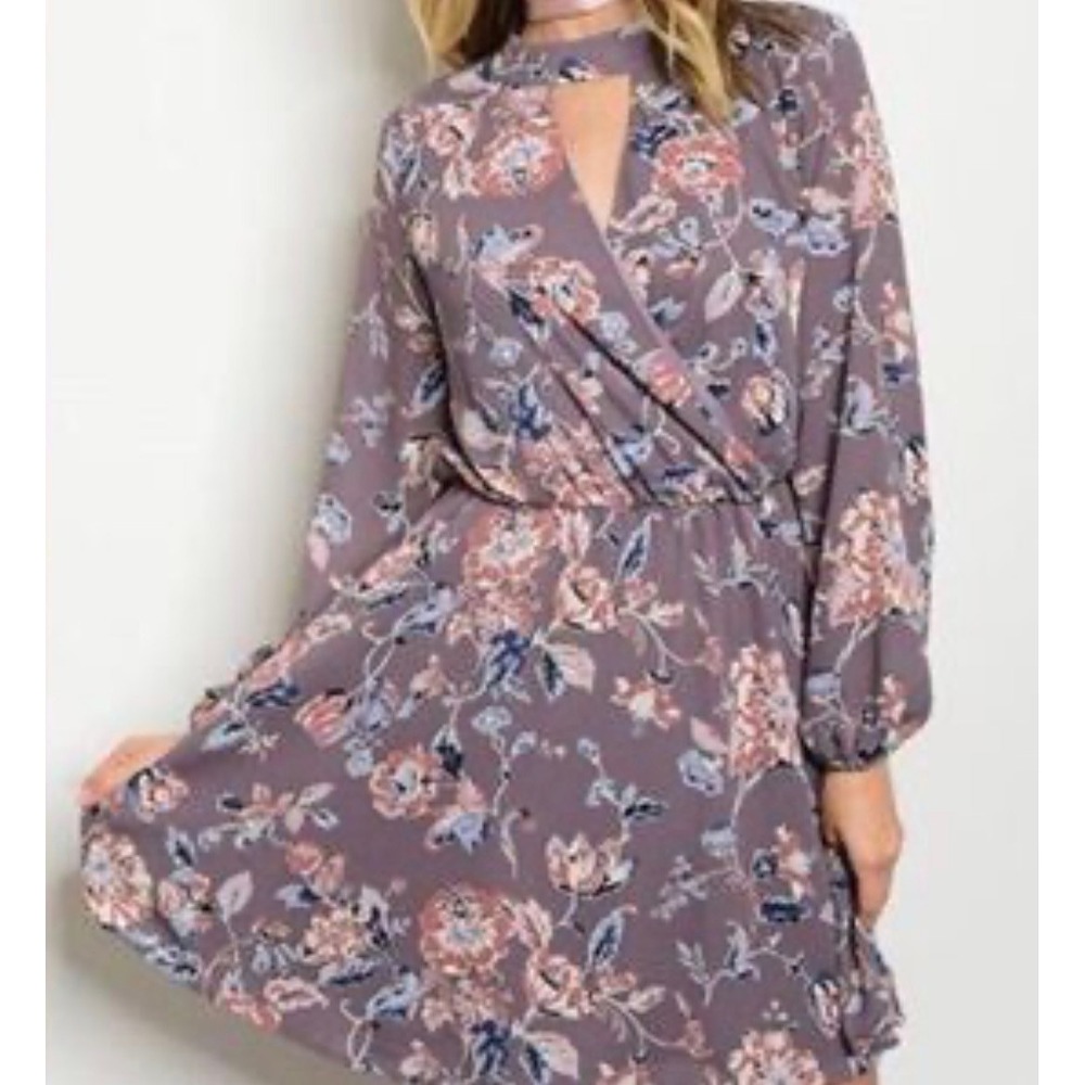 Altar'd State Floral Choker Neck Cutout Wrap Mini Dress Mauve Pink Medium Fancy